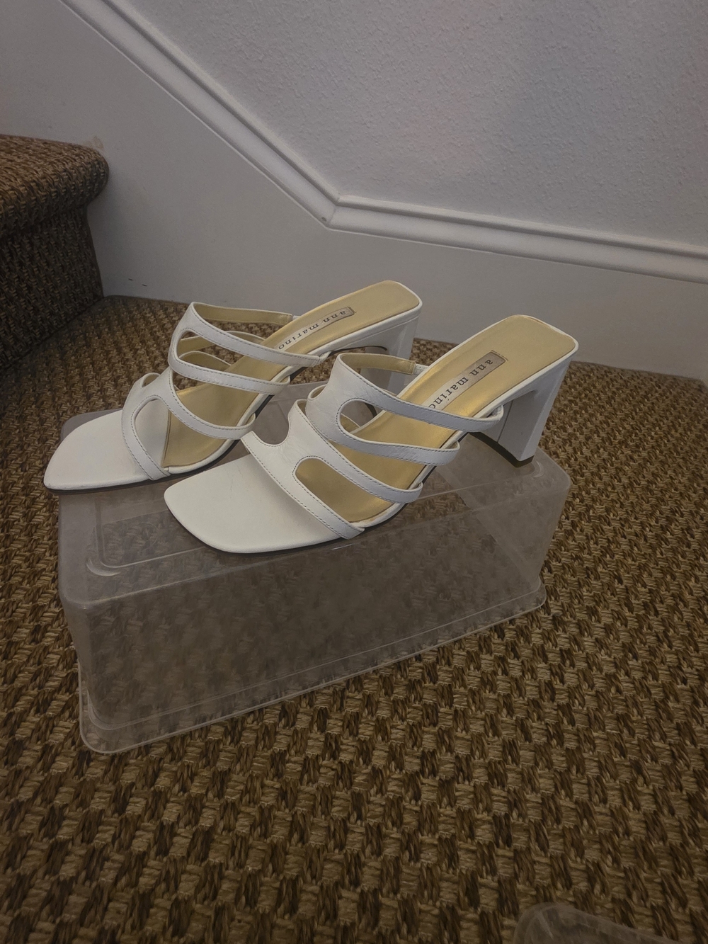 White Strappy Block Heel Mules by Ann Marino